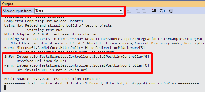Logs appear in the Output panel of VisualStudio