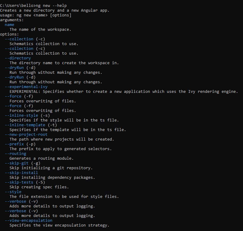 ng new &ndash;help