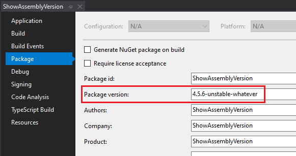 Tab on Visual Studio used to define assembly version