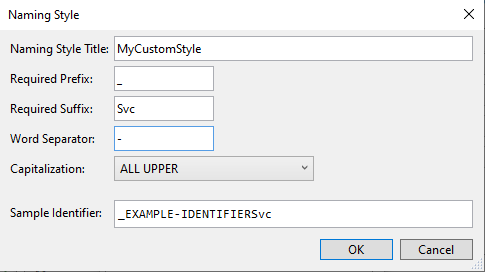 Naming Style window with all the filed filled