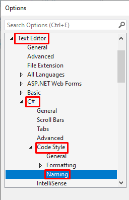 Navigation path in the Options window