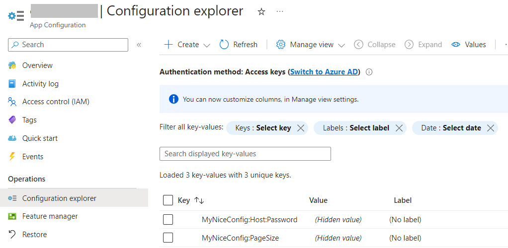 Simple settings on Azure App Configuration