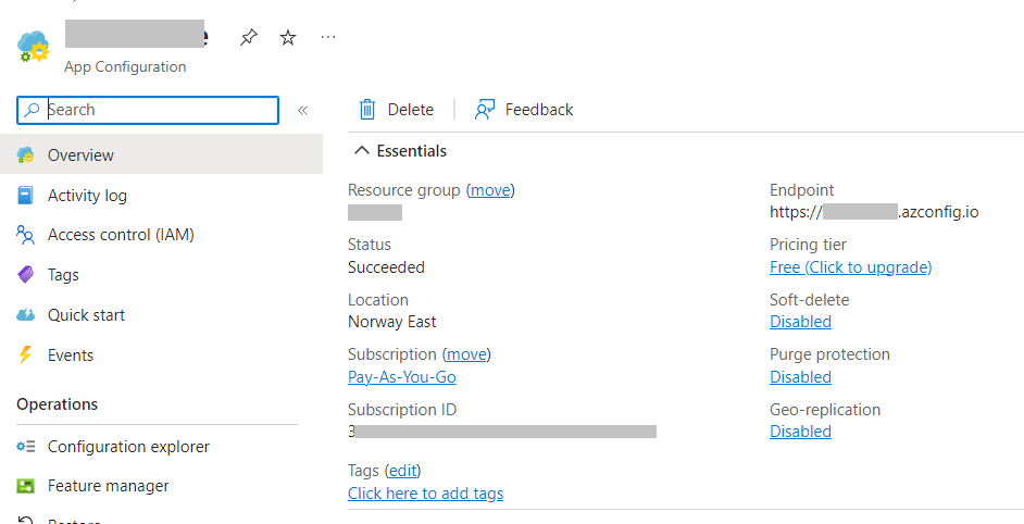 Azure App Configuration instance overview