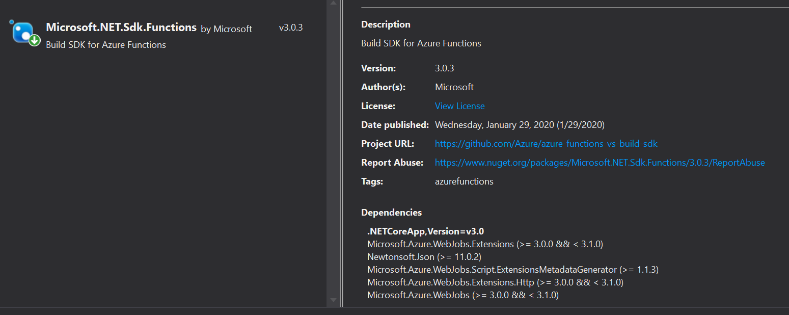 NuGet version for Azure Function