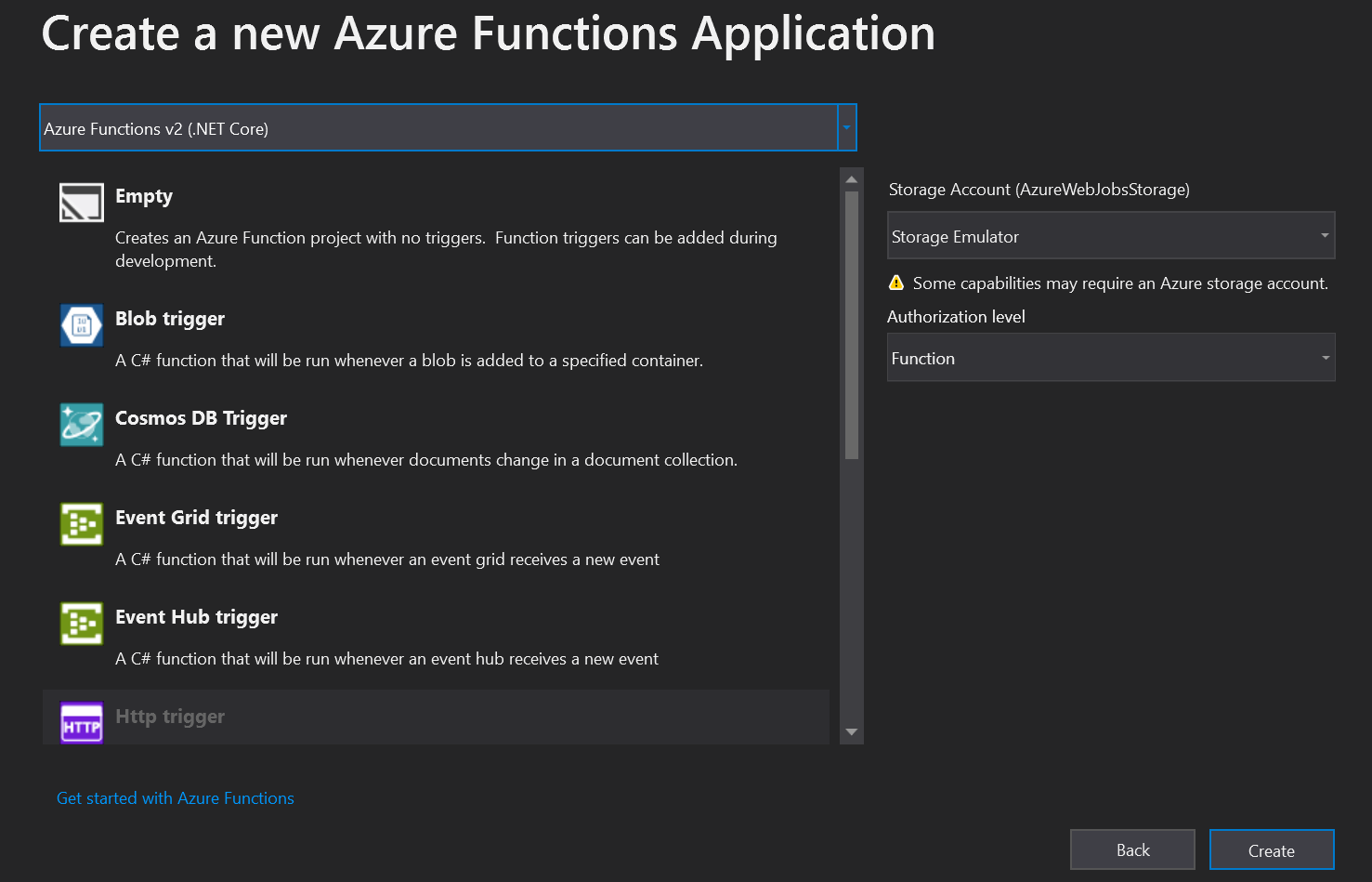 Configurations for Azure Functions - triggers, storage and authentication