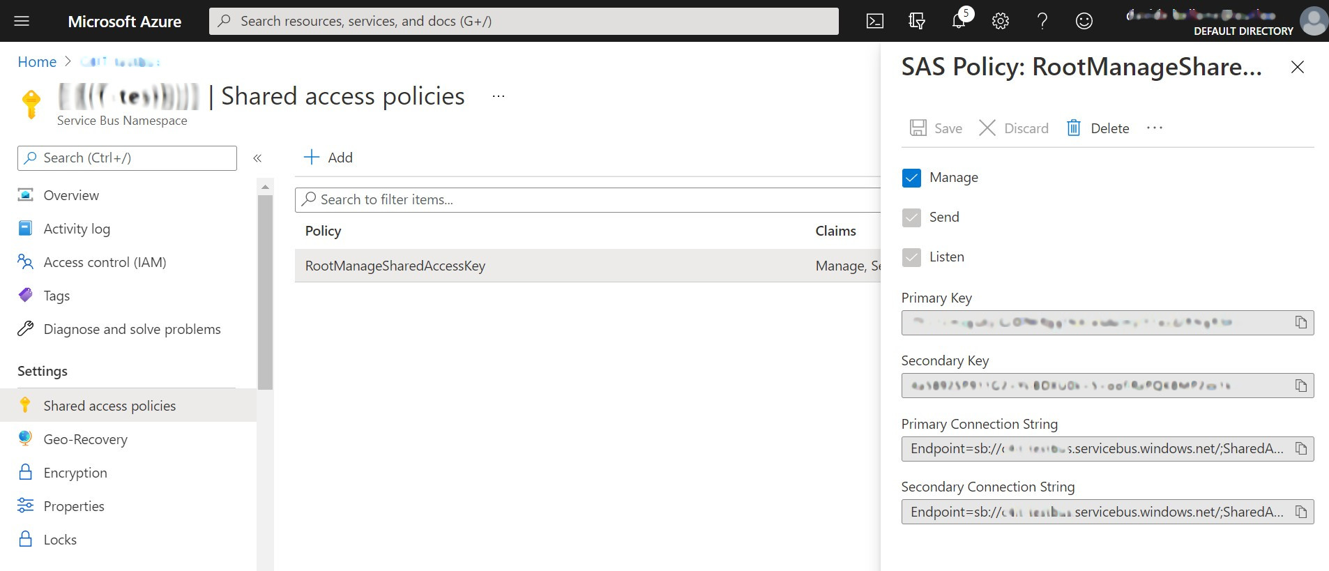 How to define Service Bus Policy via UI