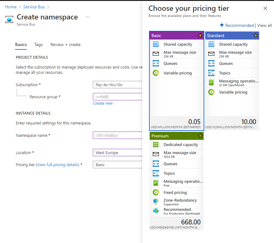 Service Bus creation wizard on Azure UI