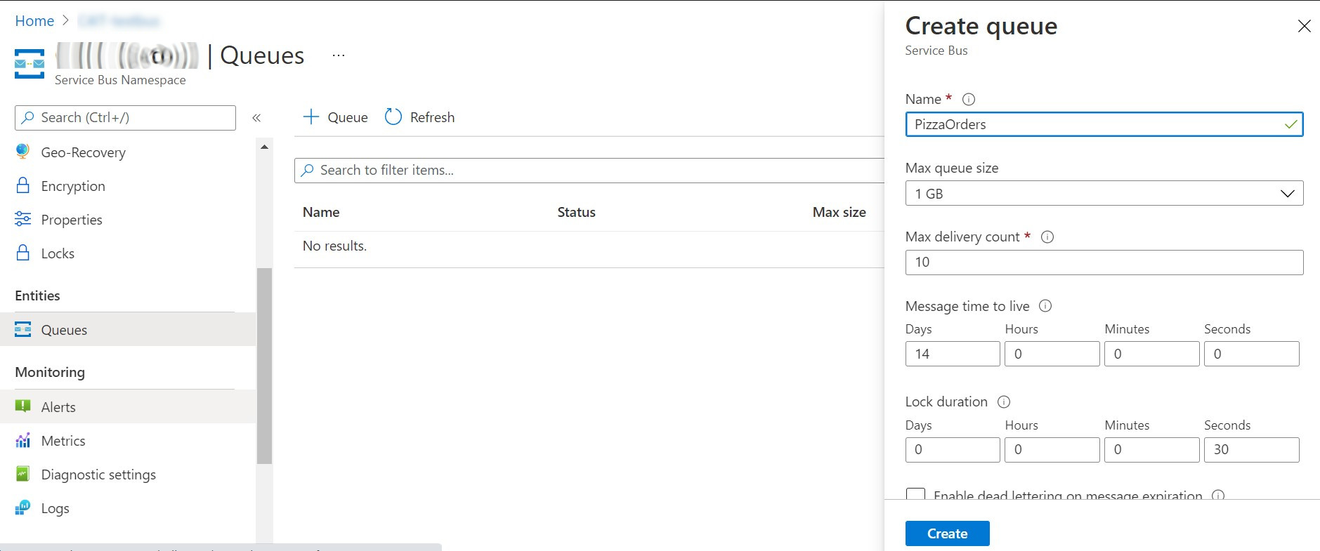 Create queue panel on Azure UI