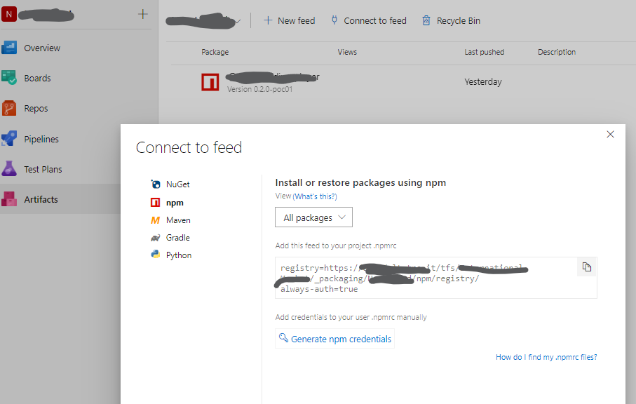 Connect to feed in old Azure DevOps layout