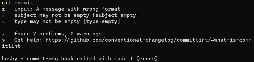 Commit message with wrong format gets rejected