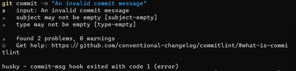 CommitLint correctly validates the commit message