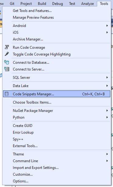 Code Snippets Manager menu item, under Tools