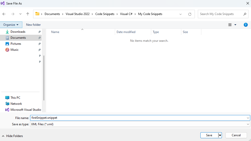 Save snippet file under the My Code Snippets folder in VS2022