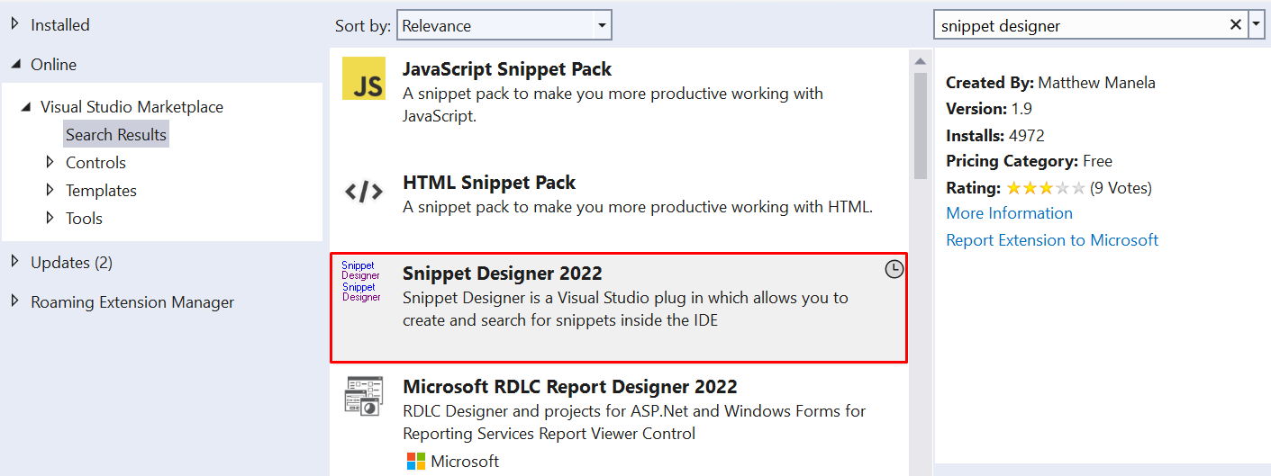 Snippet Designer 2022 in VS2022