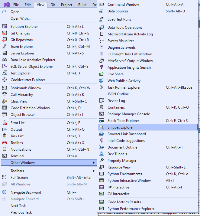 Snippet Explorer menu item