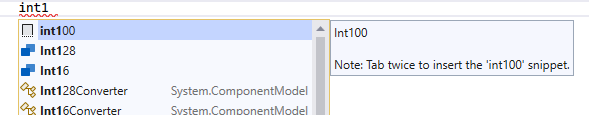 Int100 snippet is now visible in Visual Studio
