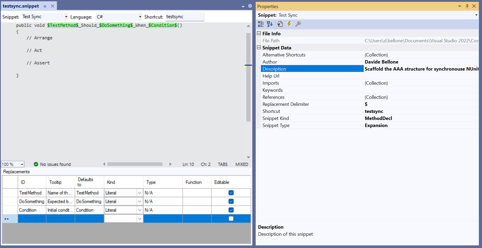 TestSync snippet definition and metadata