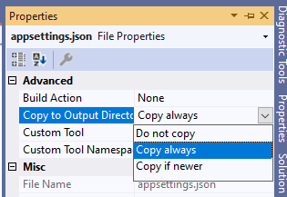 Copy always the appsettings file to the Output Directory