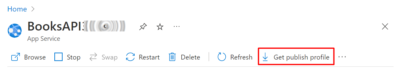 Get Publish Profile button on Azure Portal