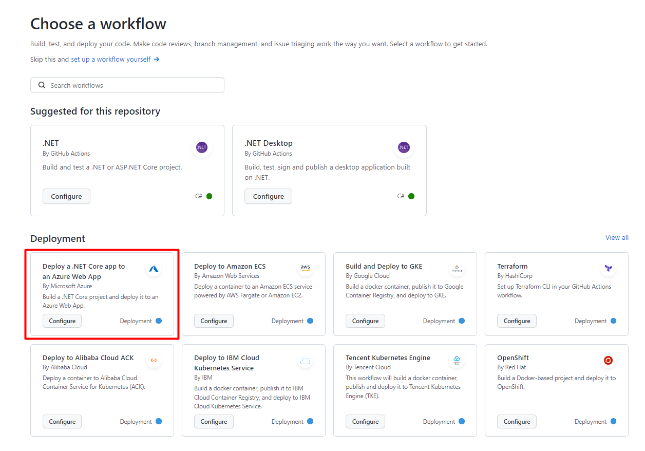 Template for deploying the .NET Application on Azure