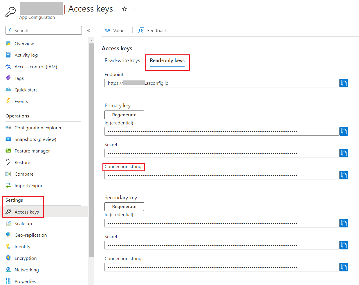 Access Keys page with connection strings