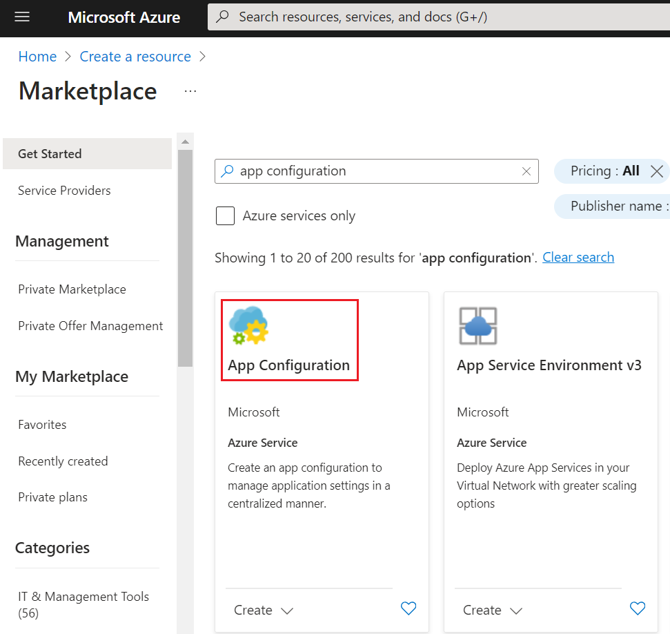 Azure App configuration in the Marketplace