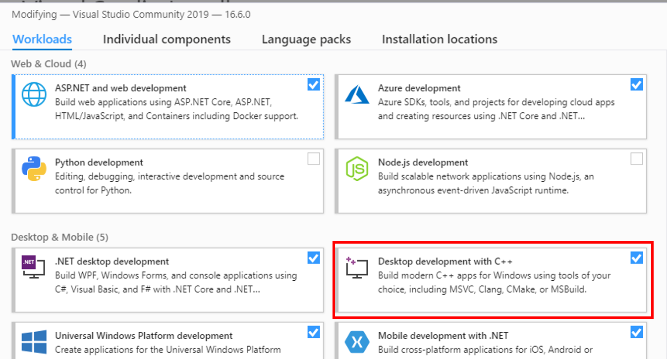 Installing C++ on Visual Studio 2019