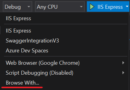 Debugging menu on Visual Studio 2019 Debug menu for adding HttpRepl as a context