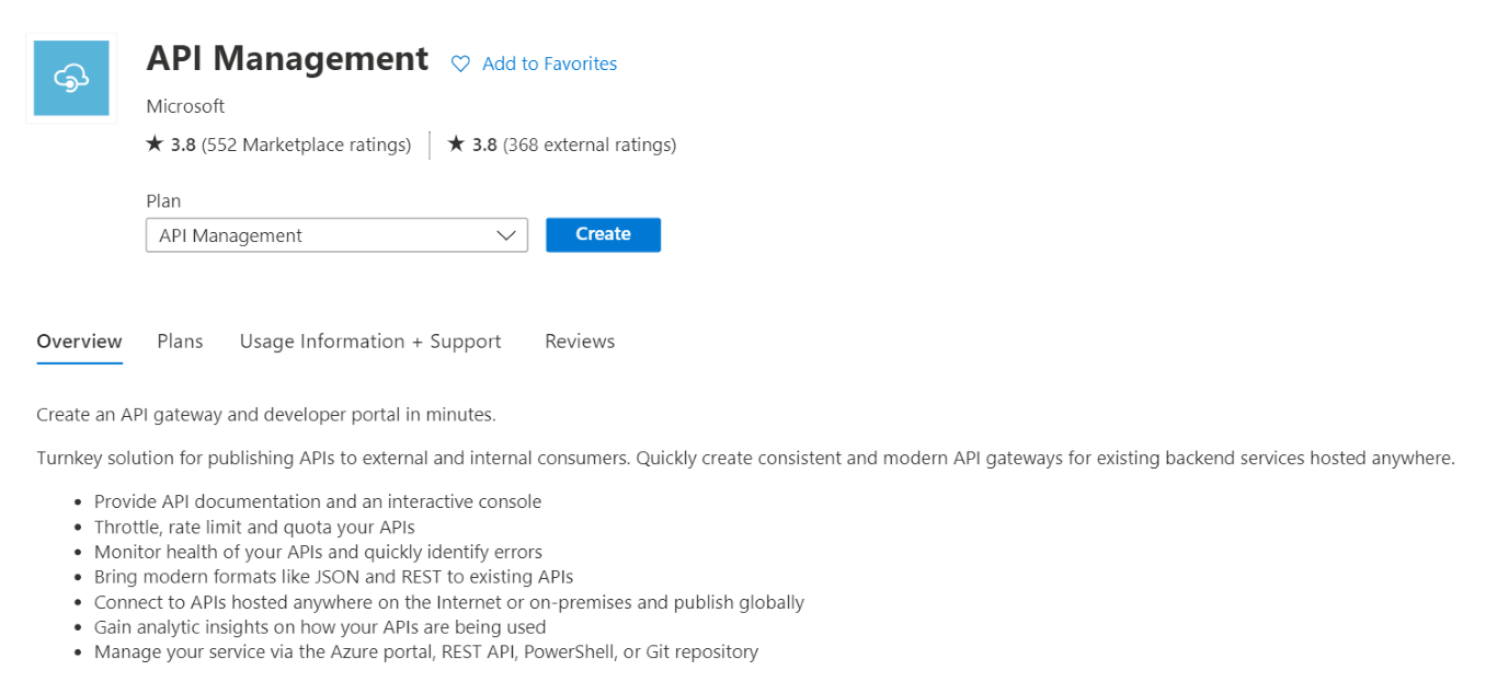 API Management description on Azure Portal