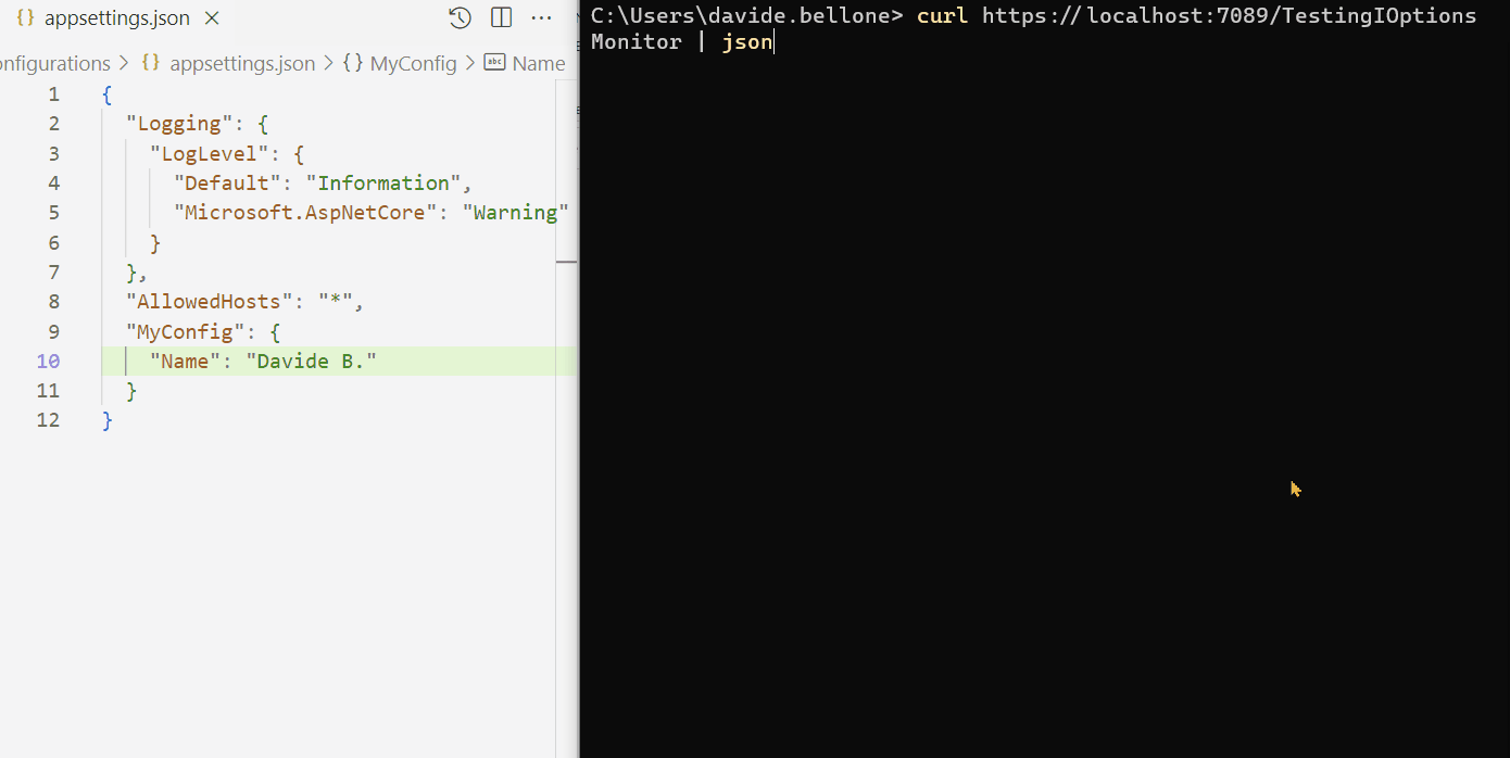 With IOptionsMonitor the configuration changes, the callback is called