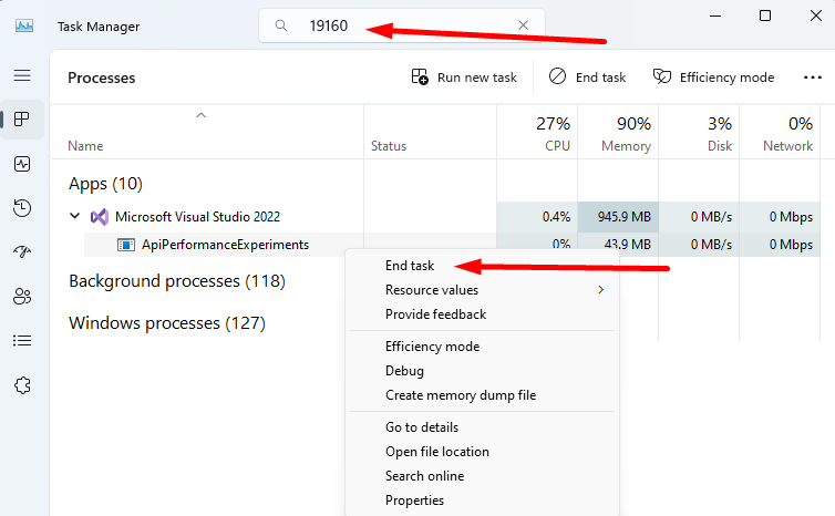 Using Task Manager on Windows11 to find the process with specified ID