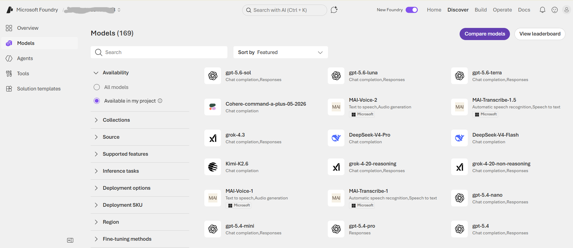 AI model selector in Azure Foundry