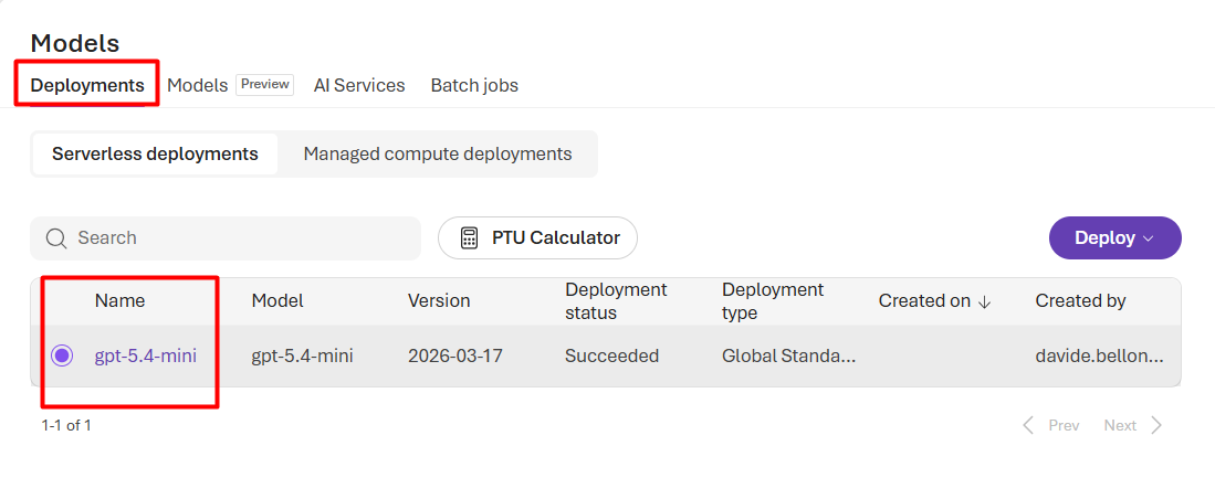 Models list in Azure Foundry