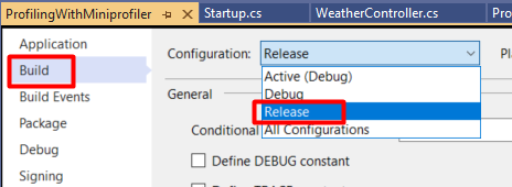 Visual Studio tab for choosing the build configuration