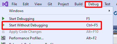 Visual Studio menu to run the application without debugger