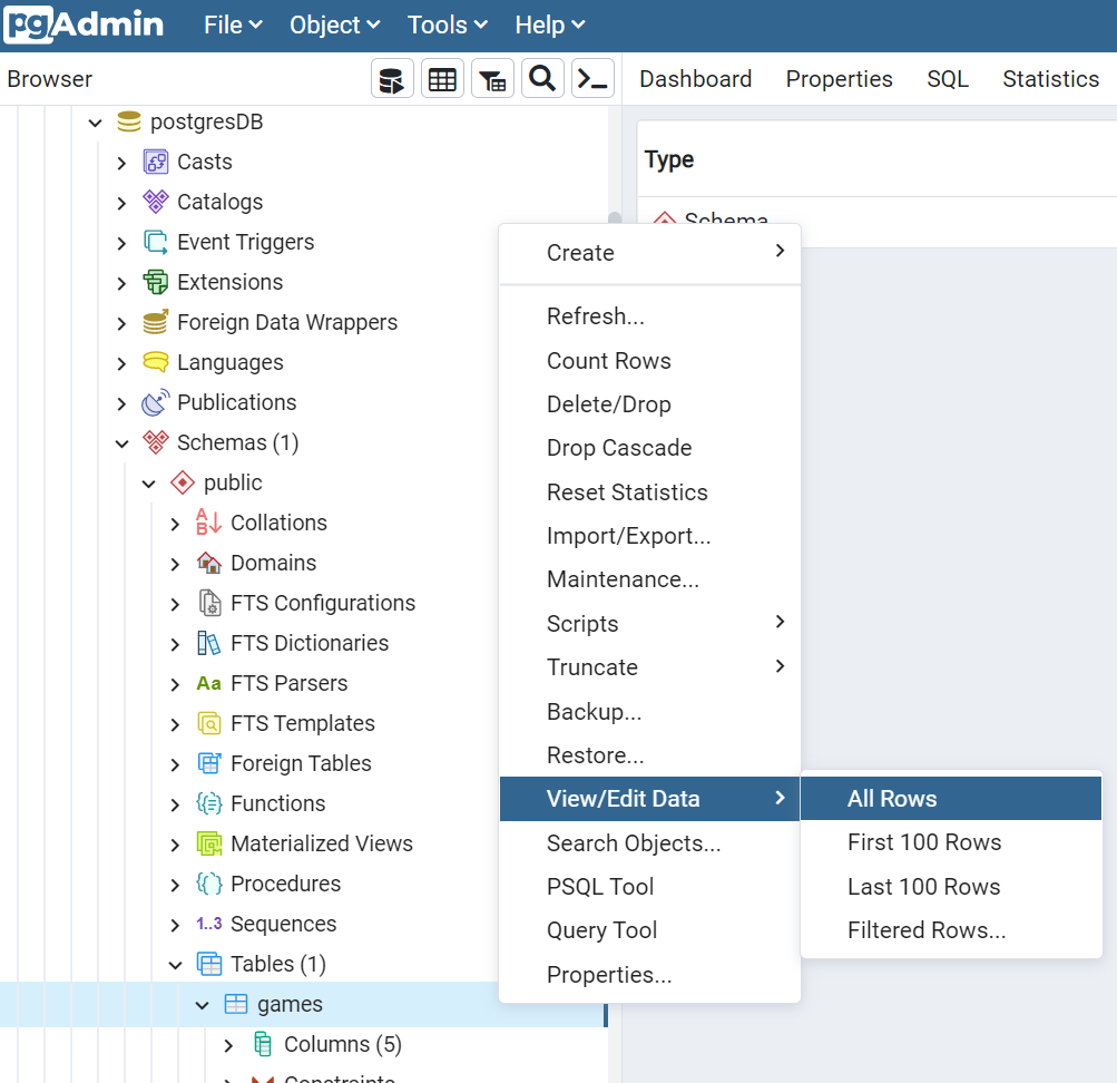 How to view table rows on pgAdmin