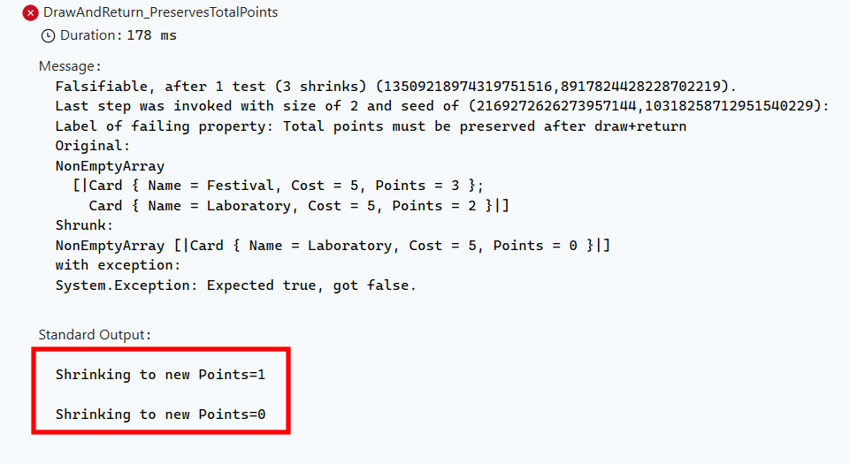 Console output showing FsCheck shrinking a Card value