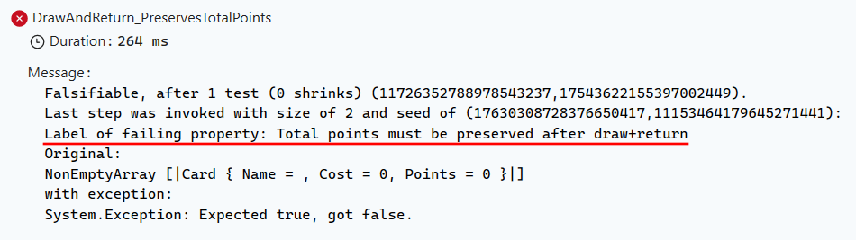 FsCheck failure output for the card-deck total-points property