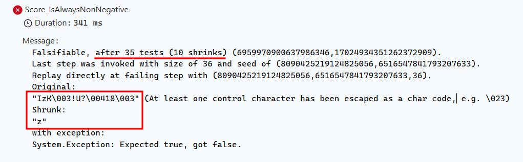 FsCheck failure output showing a falsifying string input and shrinking