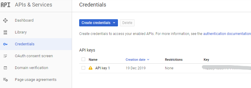 Credentials page for getting API keys