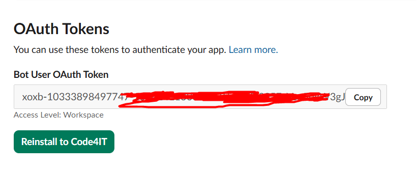 Copy OAuth token from Slack