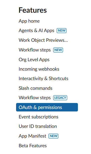 OAuth & Permissions menu on Slack