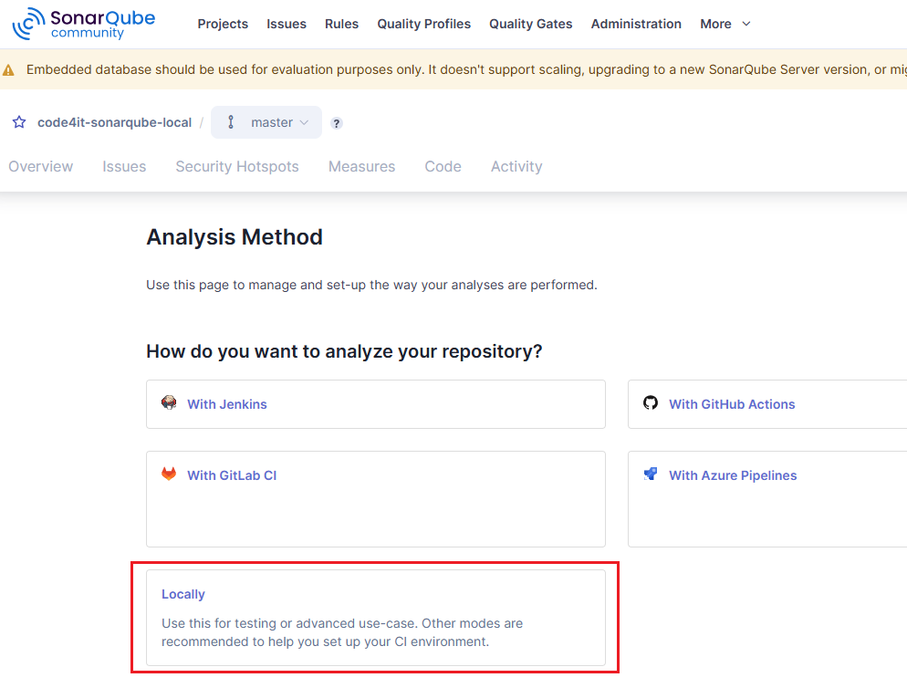 SonarQube wizard: choose analysis method
