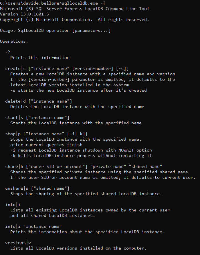 SQLLocalDB command options