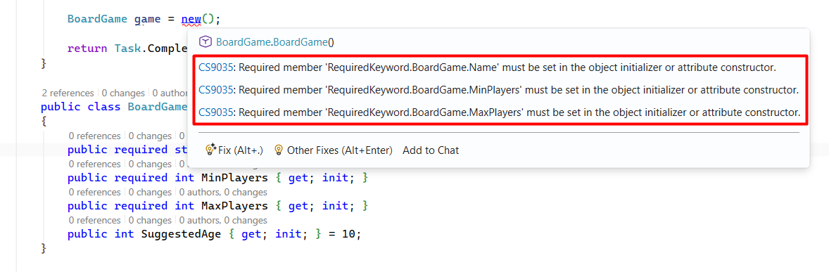 Required member must be set in the object initializer or attribute constructor