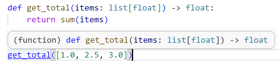 VSCode hints about types